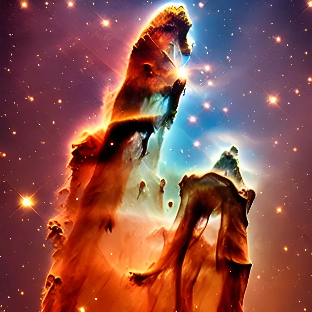 Prompt: Portrait of {the pillars of creation}, {space,taken by James Eebb Space Telescope}, perfect composition, hyperrealistic, super detailed, 8k, high quality, trending art, trending on artstation, sharp focus, studio photo, intricate details, highly detailed, by James Webb Space Telescope 