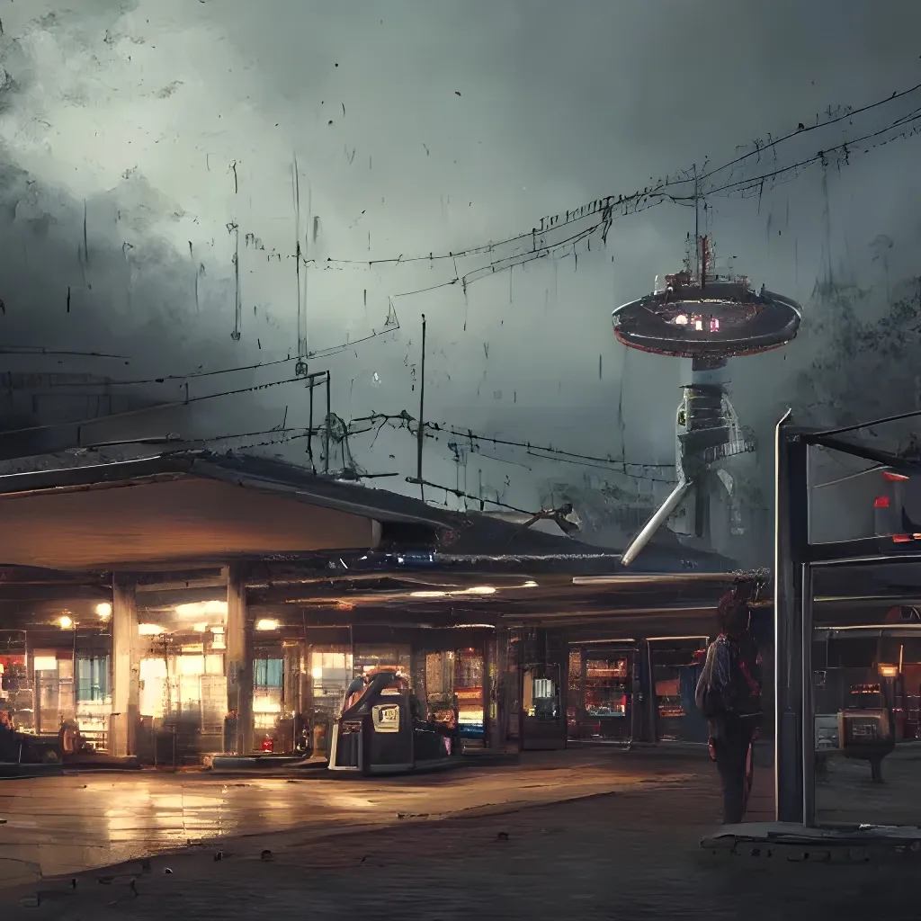 Prompt: Piet's enslaved by an Ai overlord, 8k, Hd, futuristic, dystopian, ground level,  by Willem van Veldhuizen, concept art, 8k, intricate, Night Time, photorealistic, gas Station