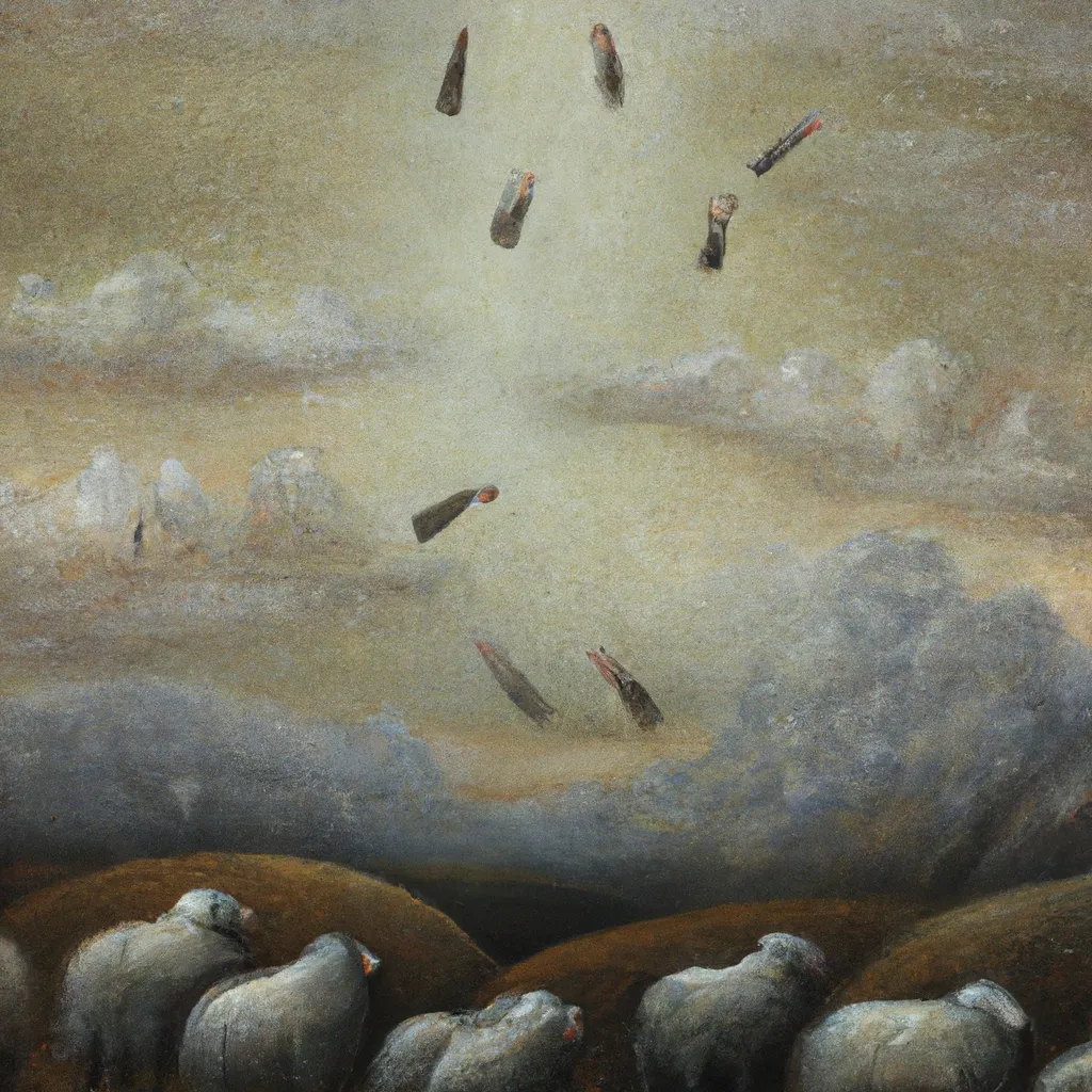 Prompt: A Zdzislaw Beksinski painting of finger nails falling from the sky on to a group of sheep