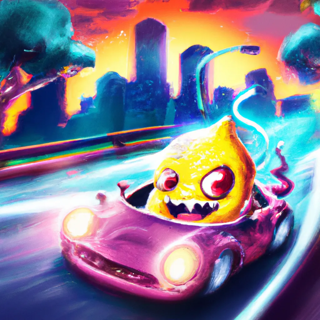 Prompt: a happy cartoon lemon driving a sports car at a very high speed, cyberpunk Tokyo skyline background, in a synthwave style