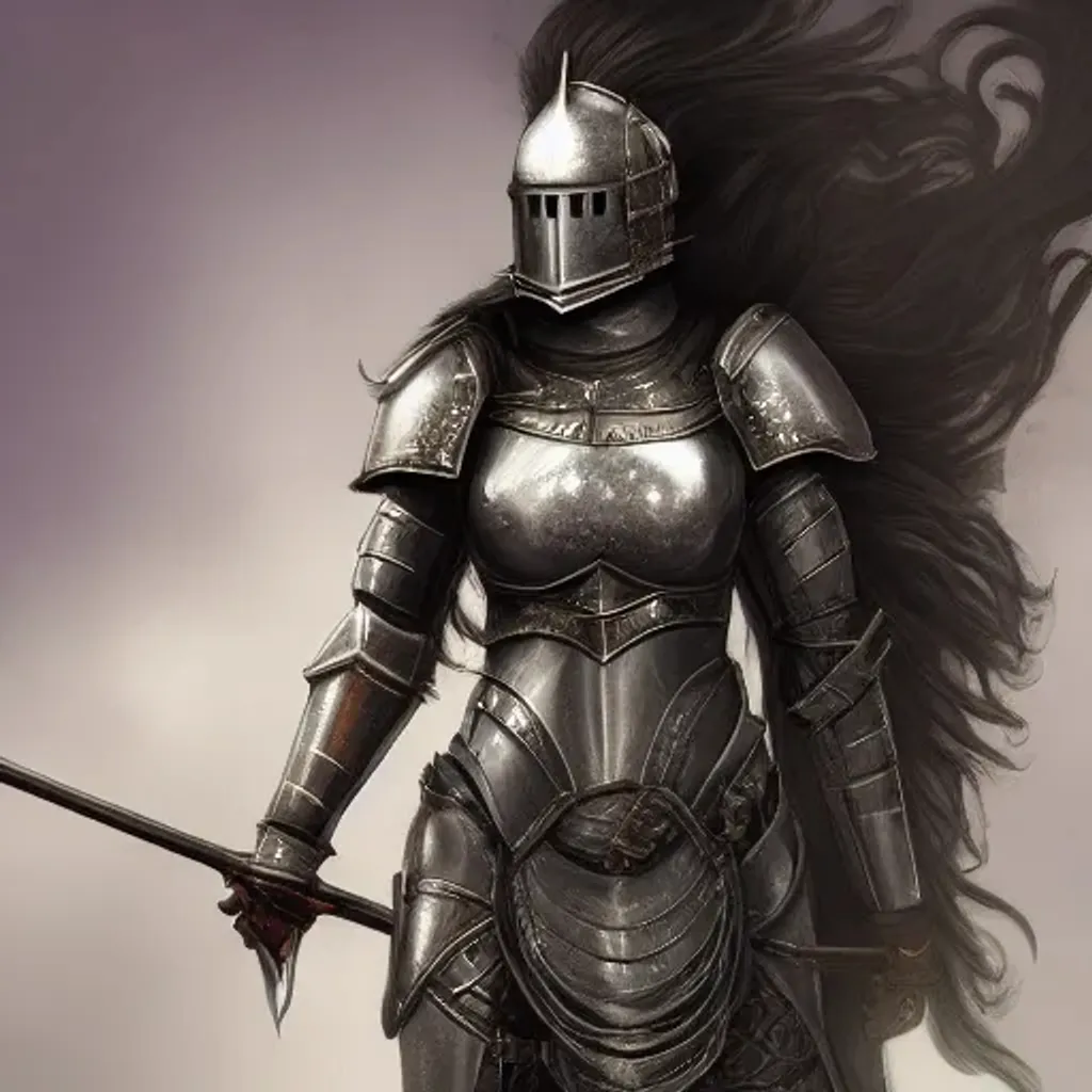 Prompt: Professional image of a female Knight, in a metal armour, long hair, complex, fantasy, dramatic, orherworldly, fea element, intricate, digital painting, artstation, smooth, sharp focus, illustration, ancient, detailed body shape, ancient buildings background, highly historical,