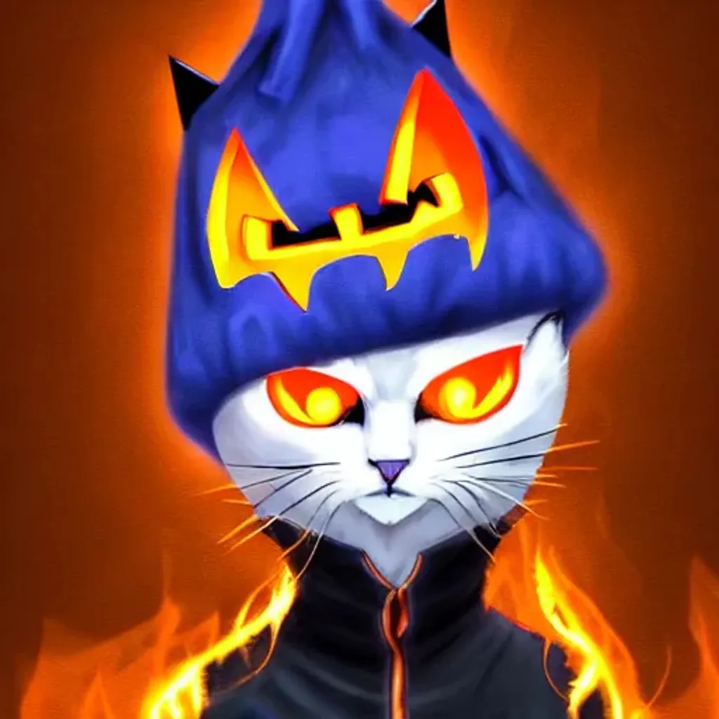 Prompt: A cool Anime character, half cat half jack-o-lantern with blue eyes wearing a beanie, on fire at a concert hall, a character portrait by Andrei Kolkoutine, Artstation, sots art, 3d game art, quantum wavetracing, dark and mysterious