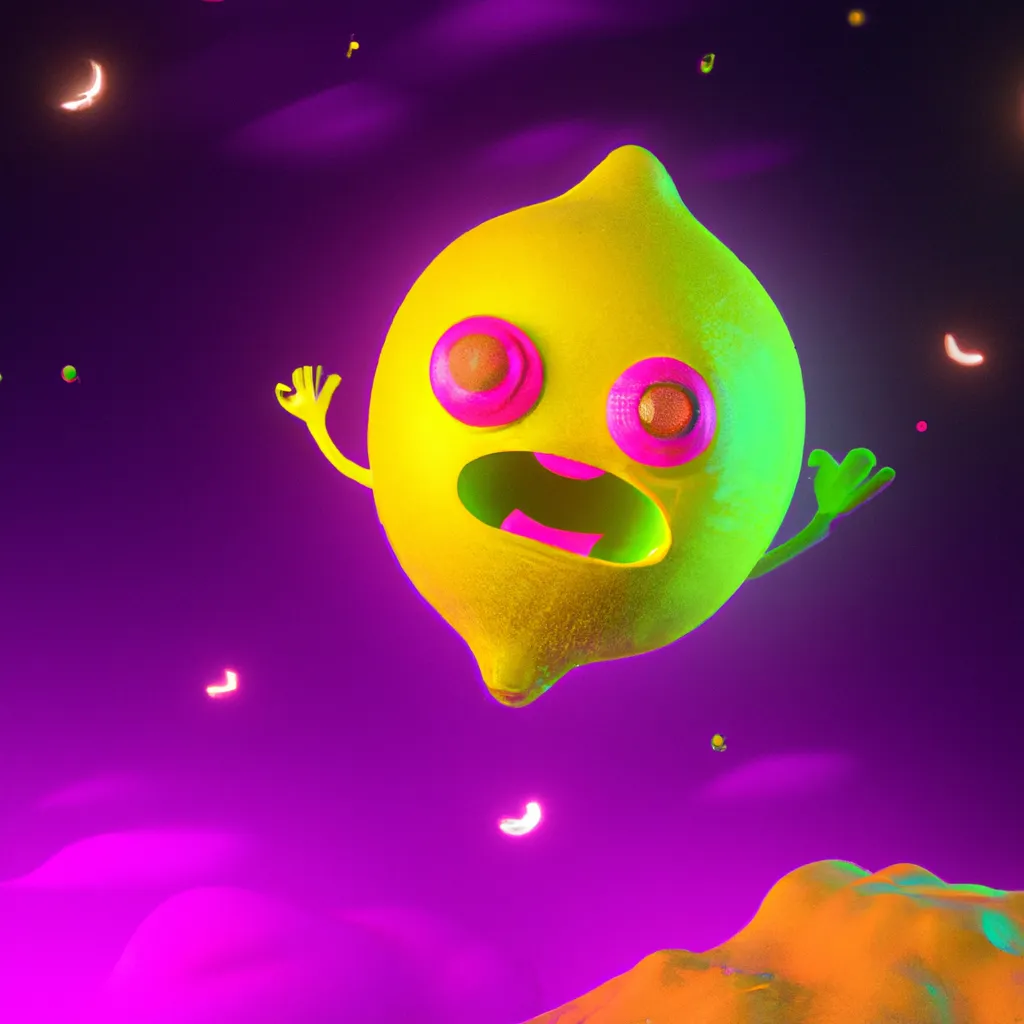 Prompt: Kawaii spooky lemon gosth with green neon eyes going out on Halloween night for Candy Collecting, neon purple background sky with a neon orange moon, photorealistic, sparkles, made of clay, blender, 3D render