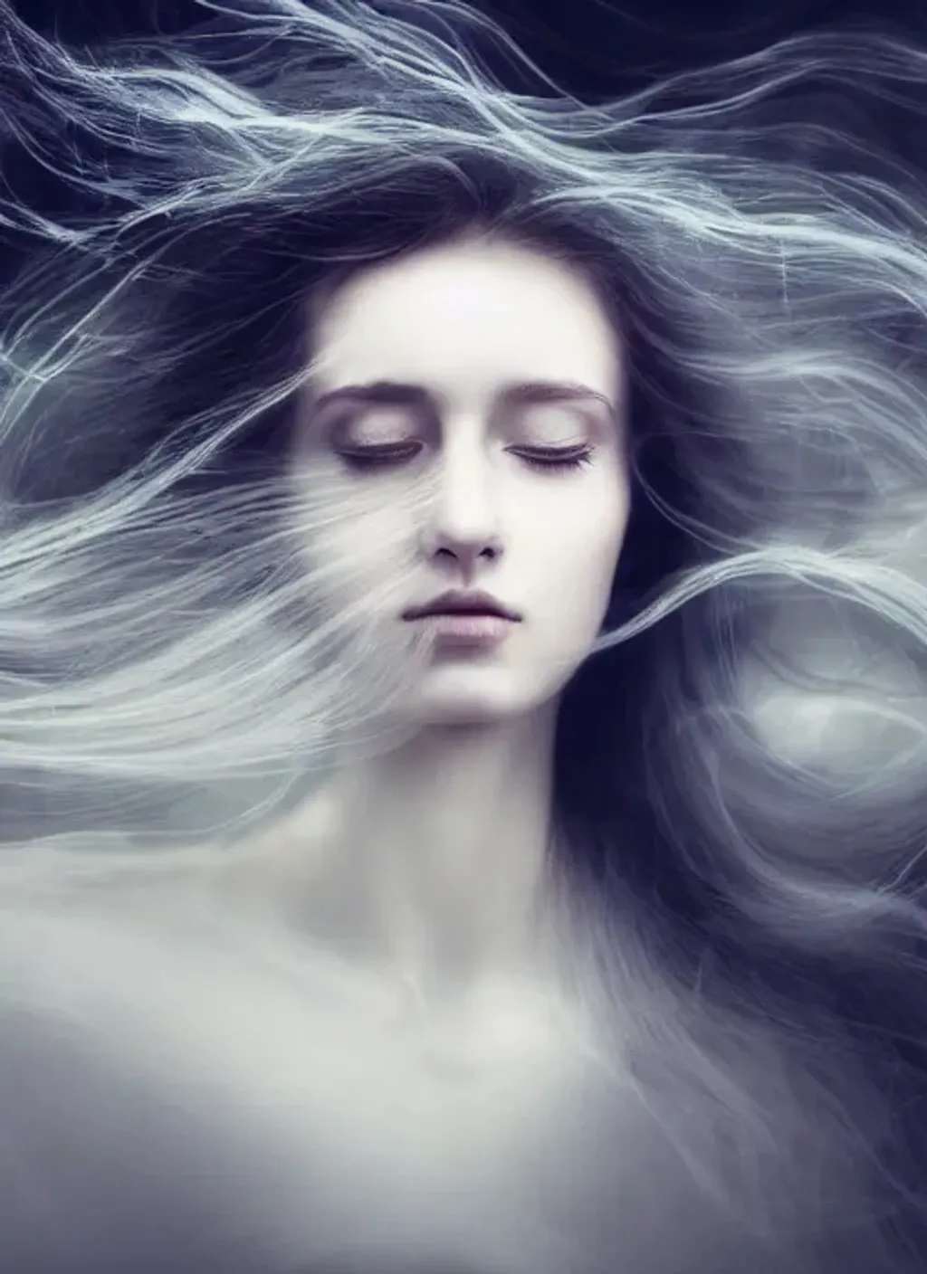 Prompt: Portrait of An ethereal woman with long, flowing hair and delicate features, surrounded by swirling winds and tendrils of mist, with a gentle, otherworldly expression on her face, dark, stormy sky background, perfect composition, hyperrealistic, super detailed, 8k, high quality, trending art, trending on artstation, sharp focus, studio photo, intricate details, highly detailed, Abstract Expressionism art by greg rutkowski