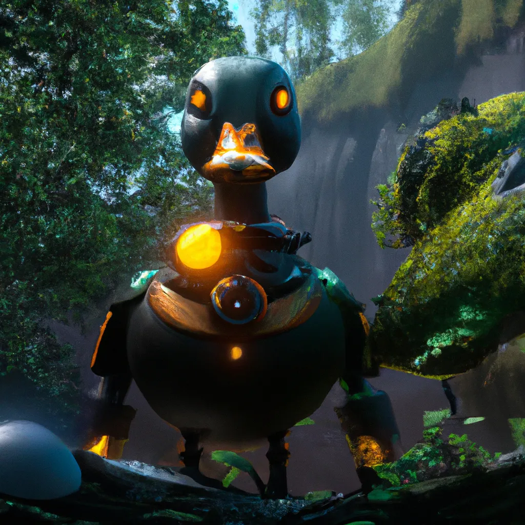 Prompt: Hyperrealistic Portrait of Anthropomorphic Cyber Soldier duck wearing cosmic power armour staning on a rock at a forest, in the style of Warframe and Destiny 2, unreal engine 5, ray tracing x, extremely detailed, cinematic, trending in artstation, HD, HQ, sharp focus, blender, cinema 4d, 