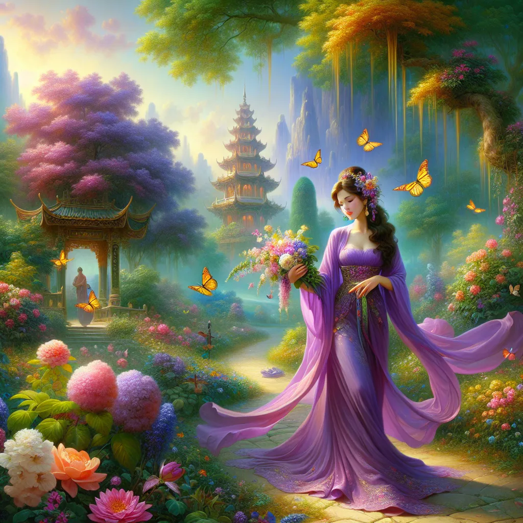 Prompt: (woman in a purple dress), (holding a bouquet of flowers), enchanting garden, butterflies fluttering overhead, winding path leading to a beautiful pagoda, vibrant colors, magical atmosphere, dreamy lighting, floral details, photorealistic painting, (Anne Stokes inspired), (Kinkade influence), ultra-detailed, harmonious composition, mystical setting, serene vibe.