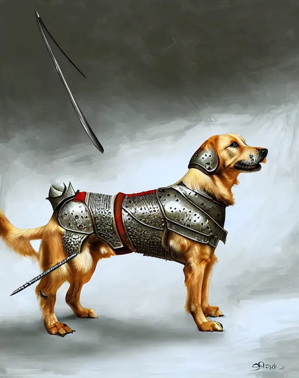 Prompt: A highly detailed painting of a dog, armor, medieval, hunting, centered, digital painting