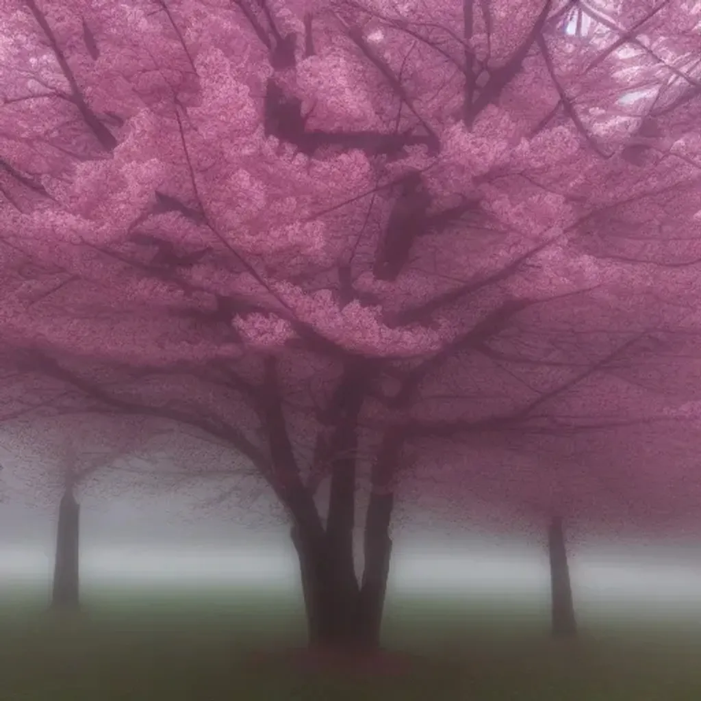 Prompt: low poly cherry blossom tree in the fog, in the morning, soft colors