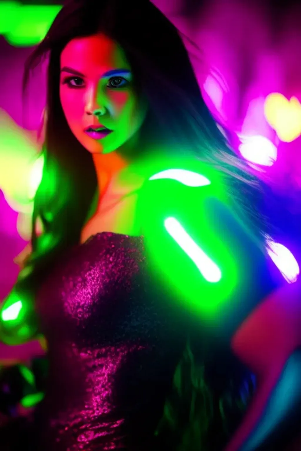 Prompt: Vivid Neon Colors, Portrait Photo of a Women Superhero, medium shot, highly detailed, 