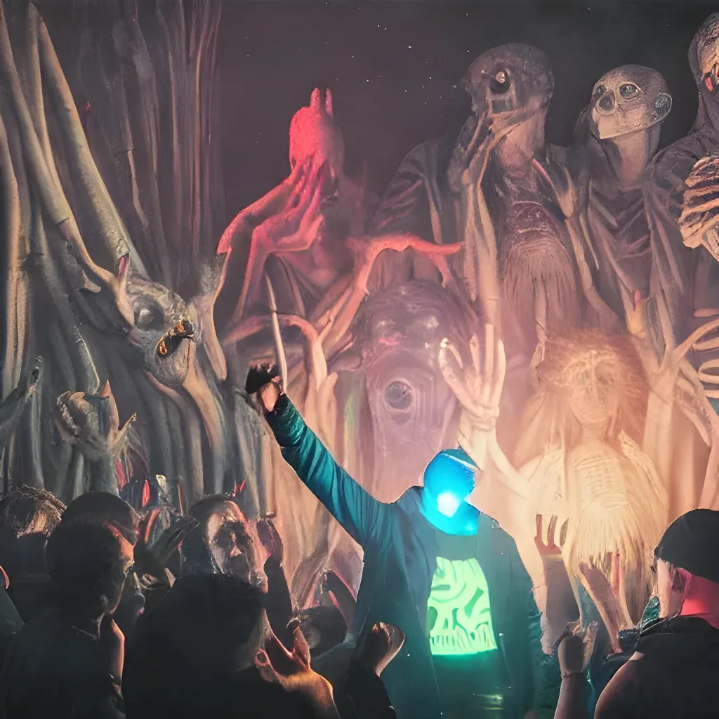 Prompt: 8k photo of Piet at a rave, hands in front with eyes in the center, by Hans Ruedi Giger and Simon Stålenhag and greg rutkowski and Willem van Veldhuizen, vivid, colorful