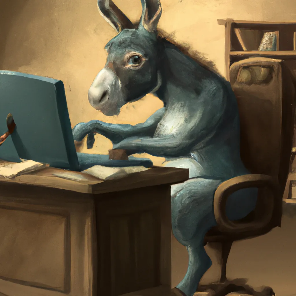 Prompt: a donkey using a computer, digital art