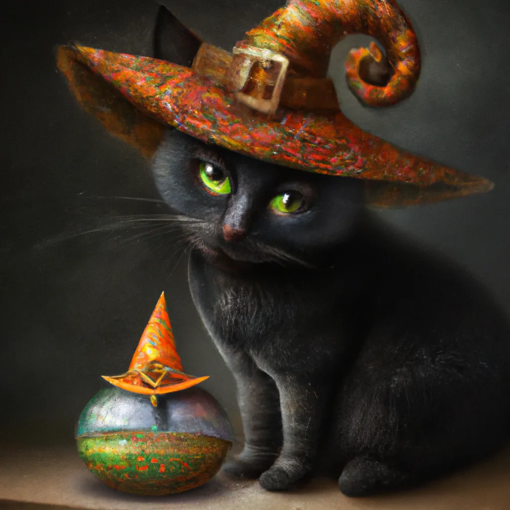 Prompt: Halloween theme. Cute black cat wearing a Halloween witch hat precious moments figurine , digital art, perfect composition, beautiful detailed intricate insanely detailed octane render trending on artstation, 8 k artistic photography, photorealistic concept art, soft natural volumetric cinematic perfect light, chiaroscuro, award winning photograph, masterpiece, oil on canvas, raphael, caravaggio, beeple, beksinski, H.R.Giger, Vanasthali 