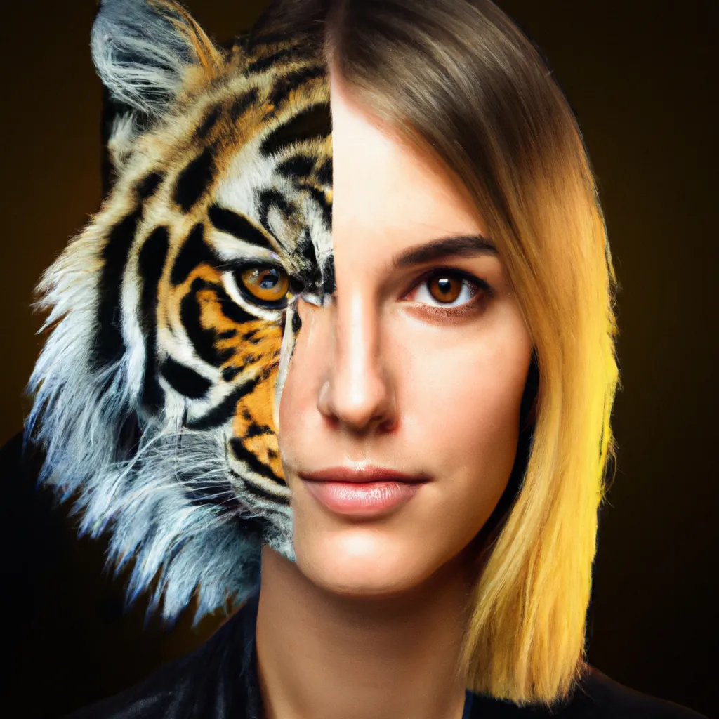 Prompt: A photo of a cute young woman's head combined with a 3D render of a hybrid tiger head. Epic film poster style.