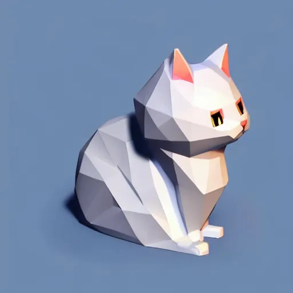 Prompt: kawaii low poly cat character, 3d isometric render, white background, ambient occlusion, unity engine, square image