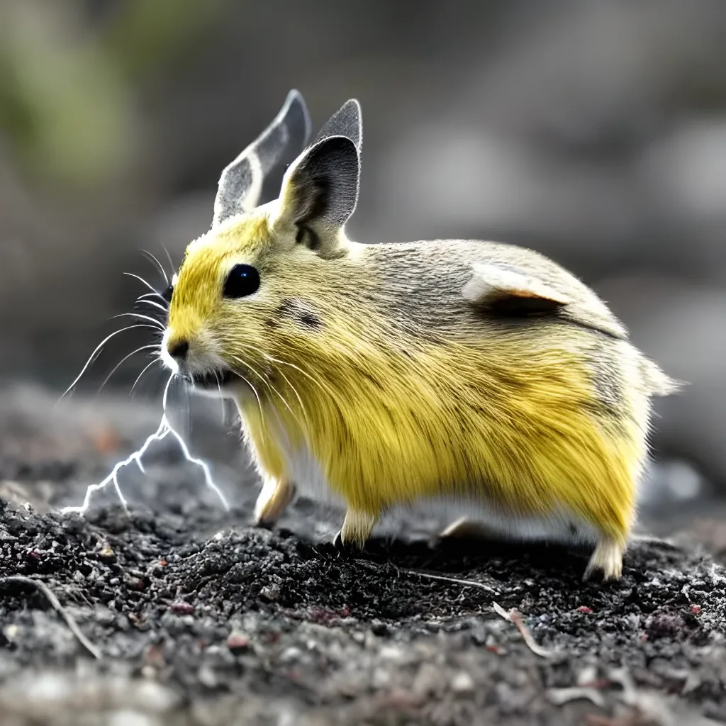 Prompt: Realistic yellow pika discharging lightning bolt from glowing cheeks