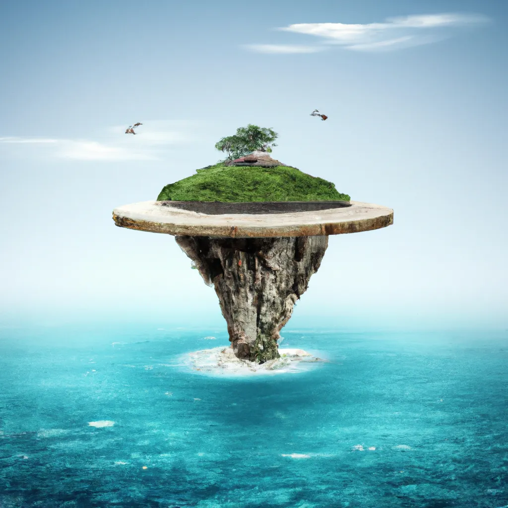 Prompt: realistic photograph of an island balanced on a pole emerging from the ocean