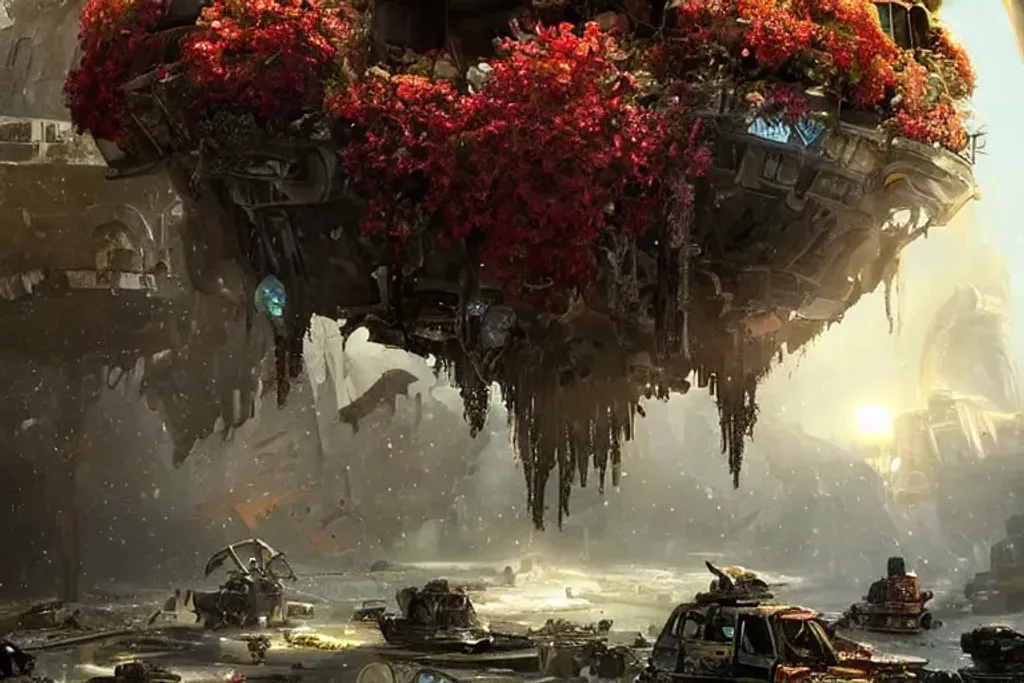 Prompt: forgotten lost ancient (rusting:1.2) (decaying:1.2) broken jagged_hole crashed (spaceship:1.1) in pieces on the ground in a junkyard, alien_flowers, in the spring, at daytime, cloudy, concept art by senior artist, cinematic painting by Berend Strik and John Berkey, 4k, muted colors, street view, artgerm, (star wars:0.25),chris foss, john harris, jim burns, peter elson, 80s sci-fi, (Kandinsky:0.5)