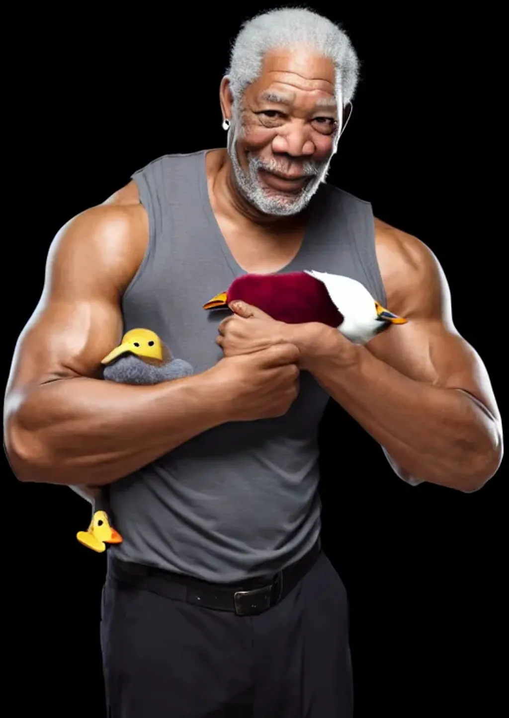 Prompt: Morgan Freeman holding a duck, yolked, muscle, flex, 4K, 8K, High resolution