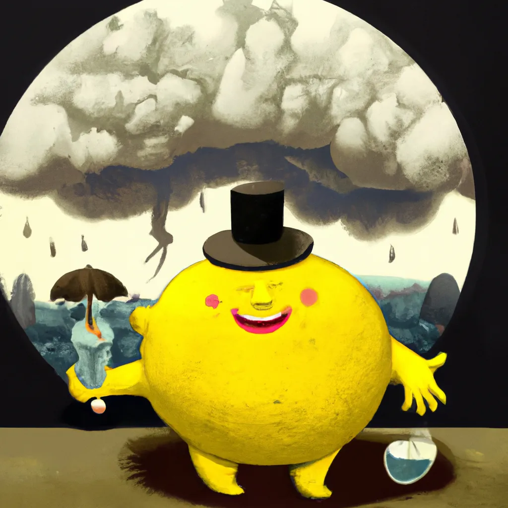 Prompt: a big, round happy lemon with a happy face, a hat, short legs, holding lemonade, in the background is a very dark second world war scene with a mushroom cloud by fernando botero 