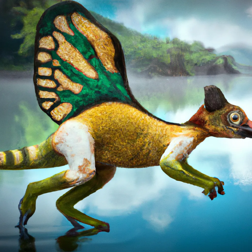 Prompt: ancient dinosaurus bioluminescence chimera of Sunda Flying Lemur macrauchenia Platypus, amazing, colorful patterned skin, dinosaur .  pre-historic, Full shot, Long shot, speculative evolution. Highly realistic, accurate anatomically correct paleoart, ultra-realistic CGI representation,  hyperrealistic, award-winning wildlife photography,  4k, trending on artstation, staged photography , scientifically correct