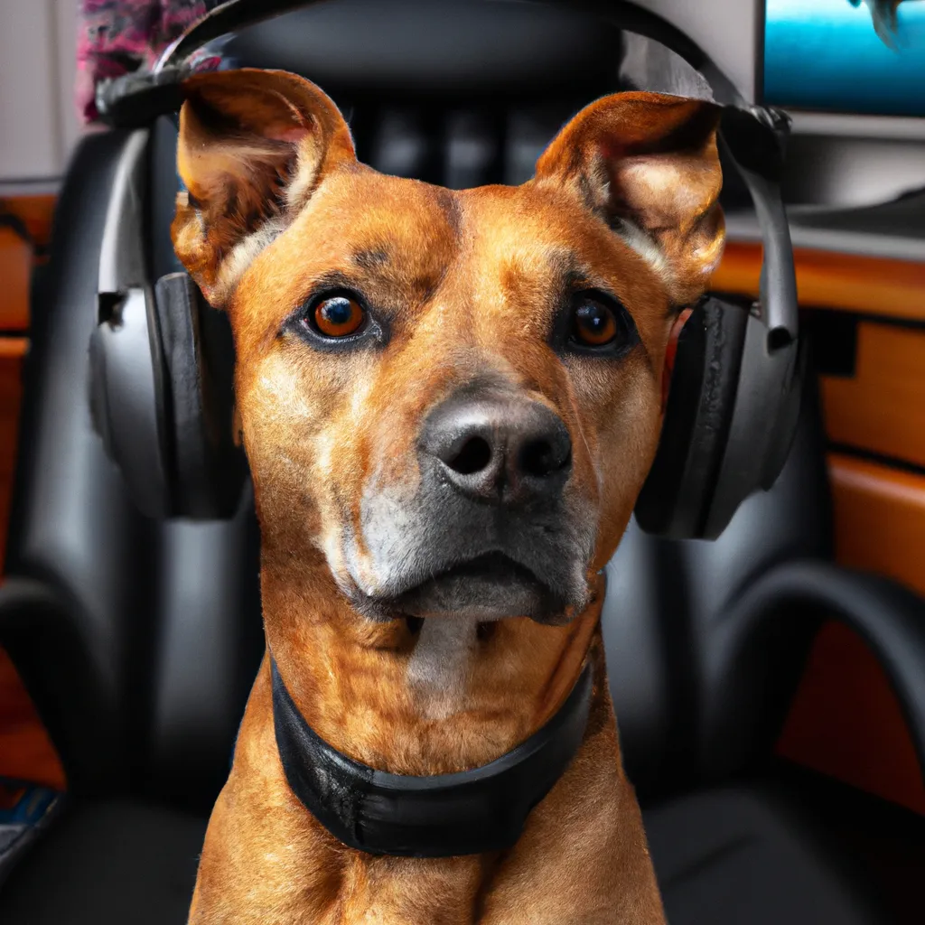 Prompt: a photorealistic portrait of a dog wearing a gaming headset while sitting on a gaming chair in front of a gaming pc