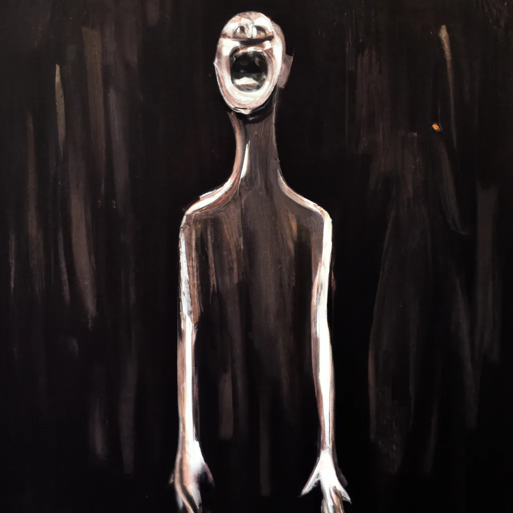 Prompt: oil painting, distorted face,slim distorted body, horror, dark background, screaming, agony