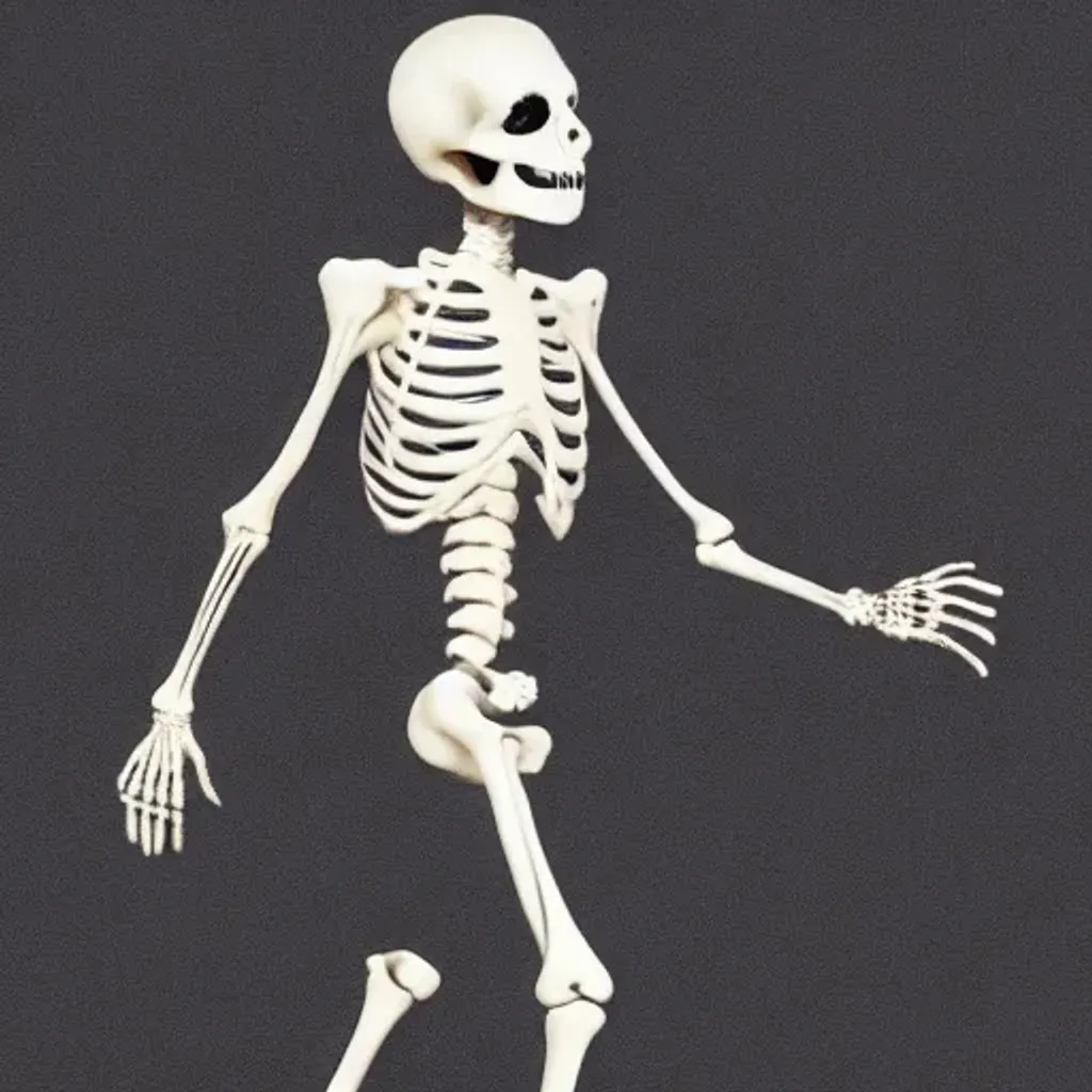 Prompt: a realistic and detailed white skeleton wearing a black shirt and a gold chain with black pants full body walking