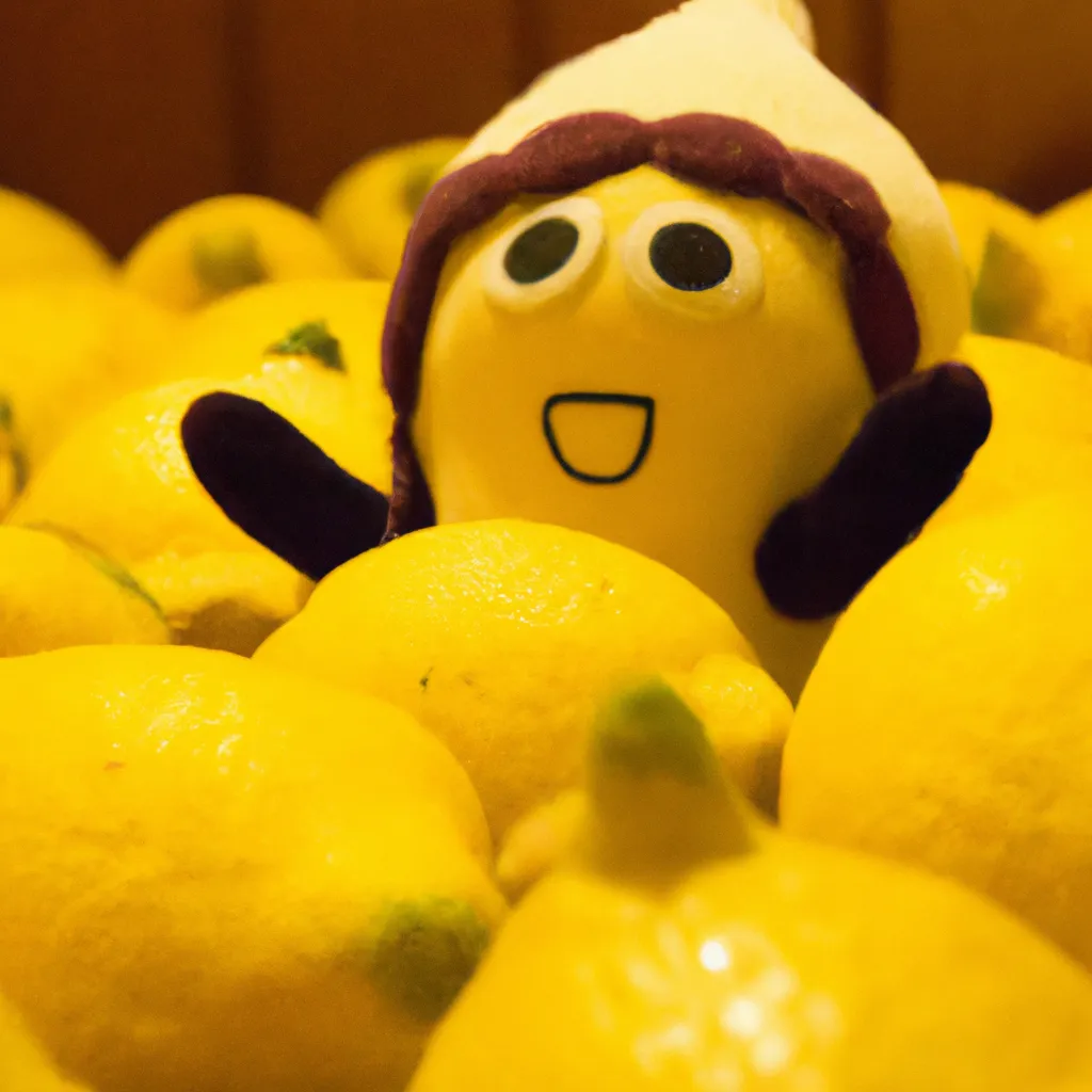 Prompt: Lemon plush toys praising their lemon God, a giant lemon with realistic eyes