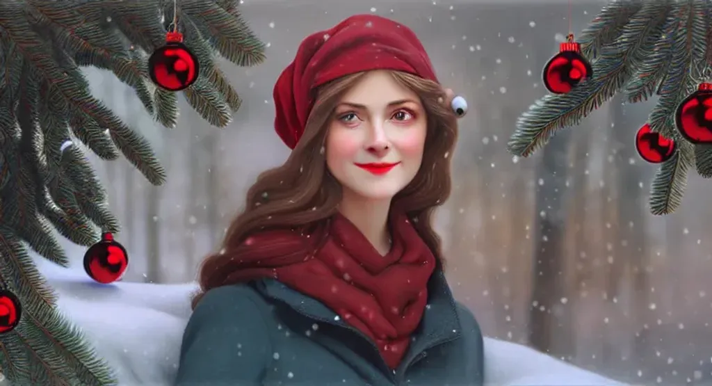 Prompt: young woman, attractive, elegant, confident, optimistic, smiling, indigo pine red fulvous silver photorealistic beautiful big eyes, heavenly look, highly detailed modern Christmas style clothing, fine skin details, by Theodor von Holst, Edwin Landseer, Winter, snowflakes, poinsettia,  Vintage photograph, portrait painting, global illumination, occlusion, volumetric lighting, volumetric mist, sharp focus, 128K UHD Poser, octane 