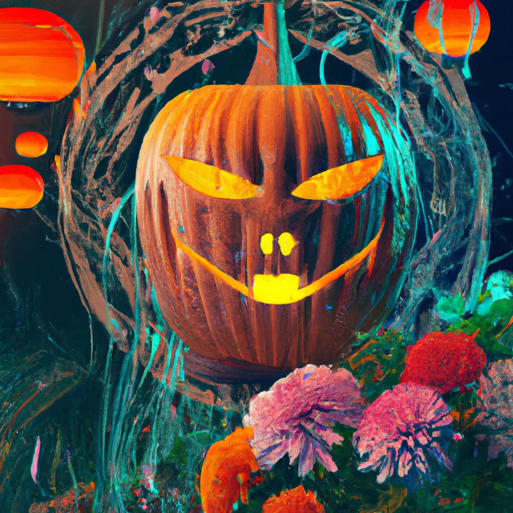 Prompt: Cinematic movie still masterpiece,Ukiyo-e comic book styled vintage risograph of a lit psychedelic Jack-o'-lantern 
wearing a witch hat,red spider lilies bloomin,bubbles,eclipse,4K,moody,award winning, trending on art station,goofy funny spooky scary mysterious halloween horror vibe, intricate details,digital art,incredible design,emotive,unreal engine 5 render,octane render,highest quality, highest resolution 