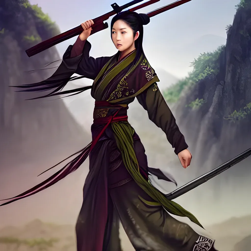 Prompt: An epic fantasy wuxia illustration portrait of a pretty beautiful Chinese female 20th century sharpshooter sniper soldier wearing tactical military hanfu in the mountains, full body xianxia, intricate linework, depth of field by Yoji Shinkawa, artstation, pixiv, artgerm, unreal engine, masterpiece, sharp focus, bright colours, high quality