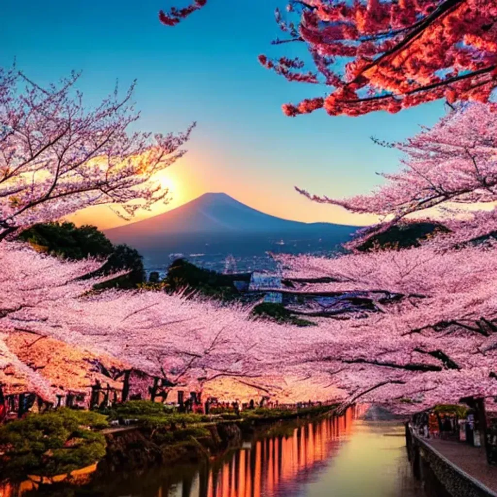 Prompt: sunrise in japan with cherry blossoms