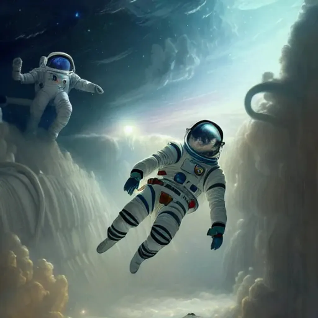 Prompt: astronauts in space lying on bed, digital painting, volumetric lighting, highly detailed, intricate details, concept art, intricate, elegant,  epic movie scene, full body shot, intricate, elegant, highly detailed painted, trending on art station,  concept art smooth, sharp focus, illustration, art gem Greg Rutkowski, Alfonso Mucha.