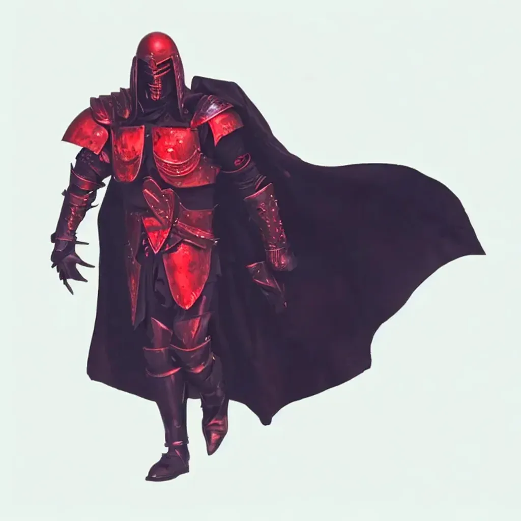 Prompt: he is a menacing  black-knight-esque imposing villain, warriors clad head to toe in glossy black armor. When struck, they emit sparks and partially explode. They serve Skeletor and form the majority of his forces. They come in three distinct types: Warlord, the leaders, who wear long black and red caps