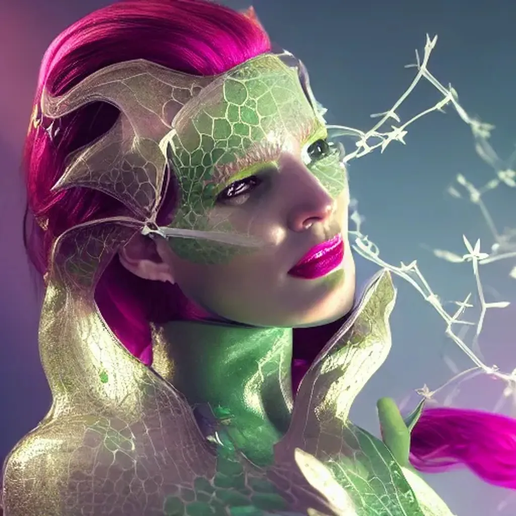 Prompt: portrait of poison ivy as emma frost as mystique, highly detailed, intricate, ornate, translucent shiny pink latex armor and cape, marvel, dramatic, 3D render, digital art, octane render, 8K artistic photography, photo-realistic, art station, by Dora Maar and yoshitaka amano and artgerm 