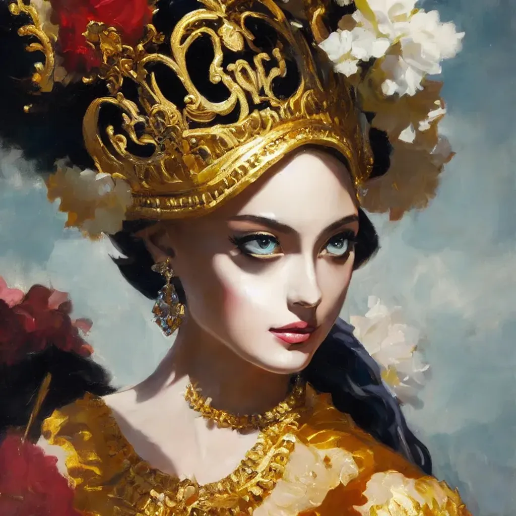 Prompt: a queen, ((baroque oil painting)), (((anime character concept art))), trending on pixiv fanbox, (rule of thirds), (golden ratio), (detail acrylic palette knife), (((in the style of greg manchess)))