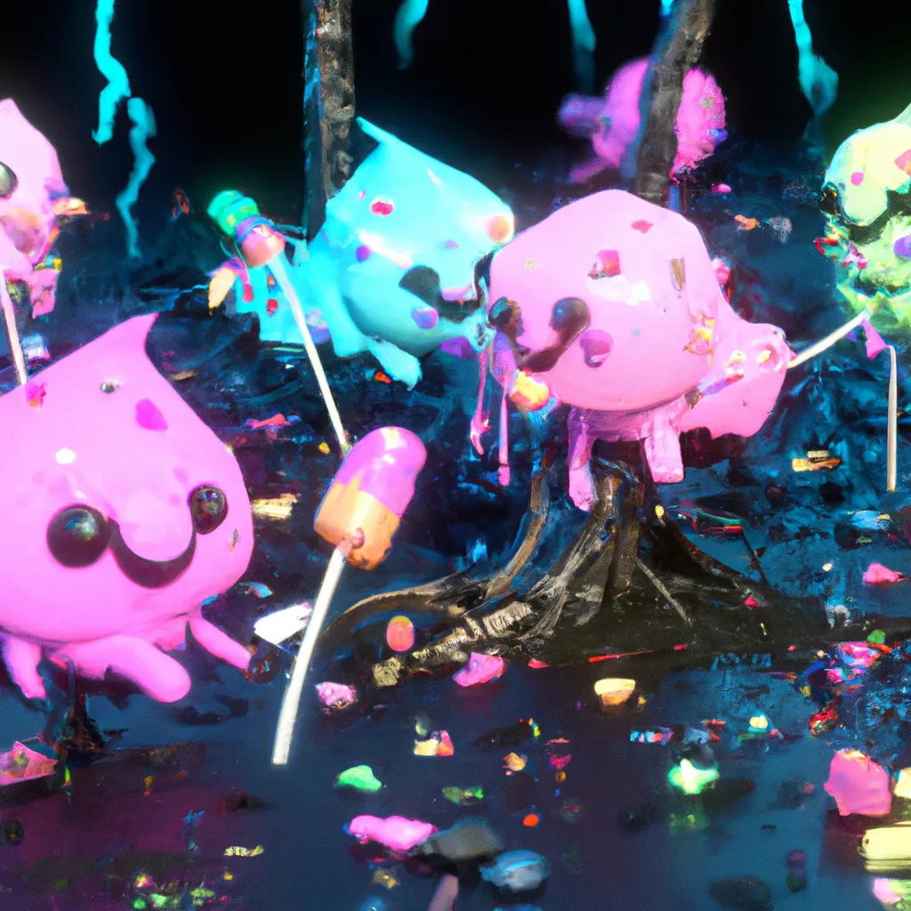 Prompt: Candy Monsters destroying a forest, cute 4d rendered, bioluminescent, sharp focus, cinematic, extremely detailed, studio quality, trending in artstation, smooth