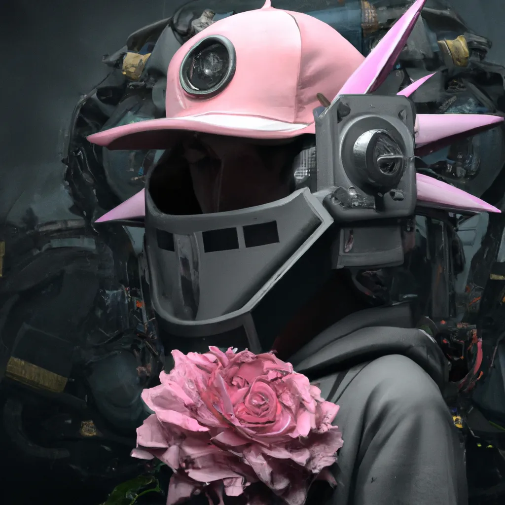 Prompt: flcl fighter wearing streetwear with vintage robot mask and hat, portrait, Astral realm ruins environment, intricate, very detailed robot portrait with symmetrical eyes, large head, picking up flower, cinematic lighting, amazing composition , 3d octane render, unreal engine, hyper realistic, soft illumination, trending artstation, environmental concept art, all in grey, colors, trending on ArtStation, , cinematic lighting