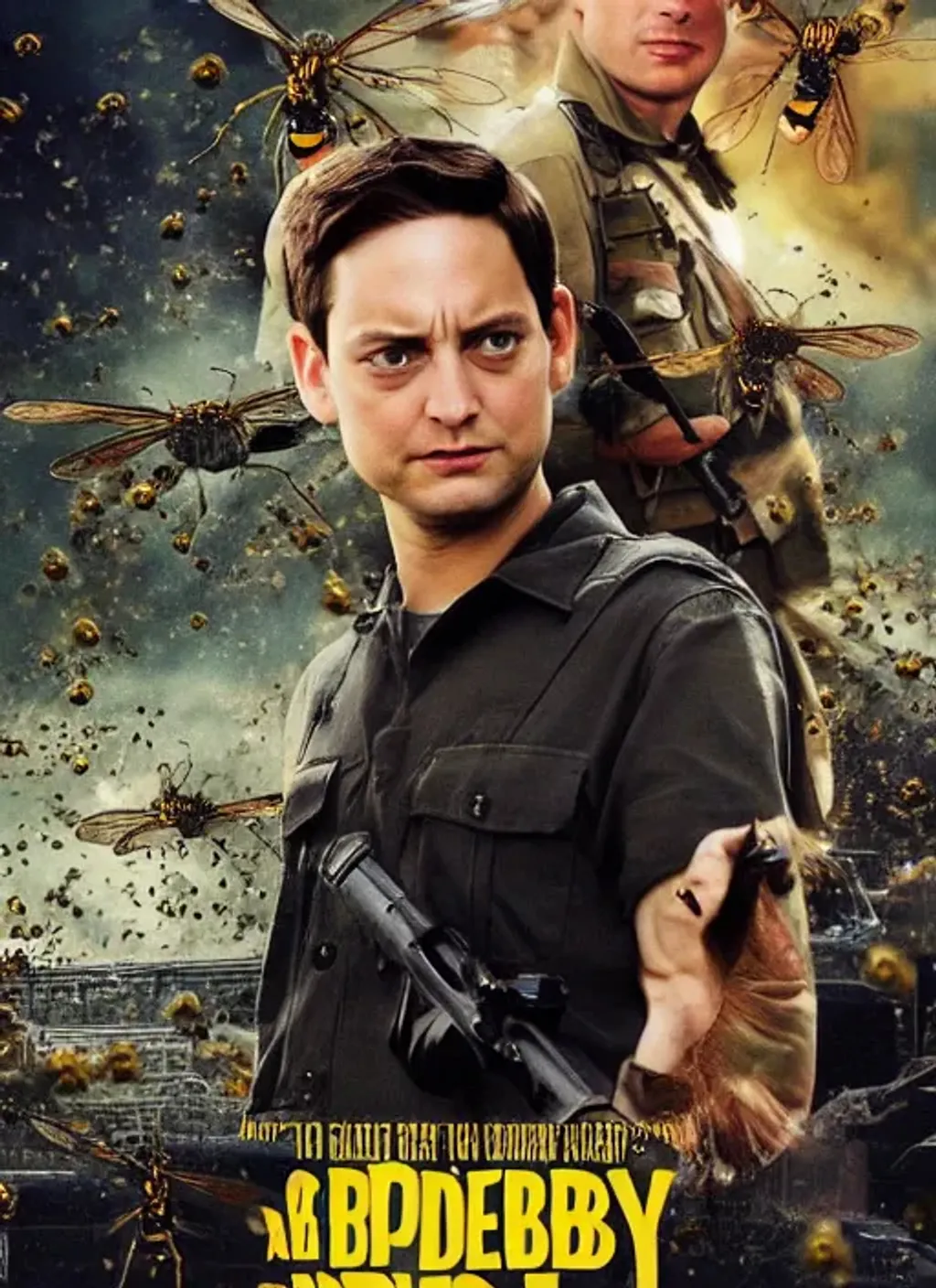 Prompt: A movie poster of Tobey Maguire as an soldier, with giant wasps in the background