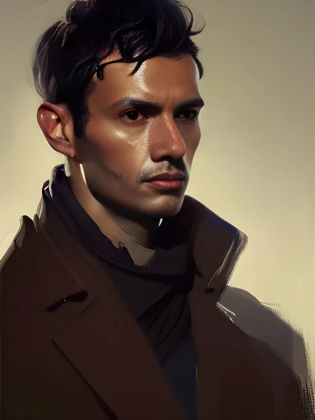 Prompt: portrait of a man by greg rutkowski, he is about 30 years old, no facial hair, short black hair, his features are peruvian, very tall and slender, he is wearing a coat, highly detailed portrait, digital painting, artstation, concept art, smooth, sharp focus ilustration, artstation hq