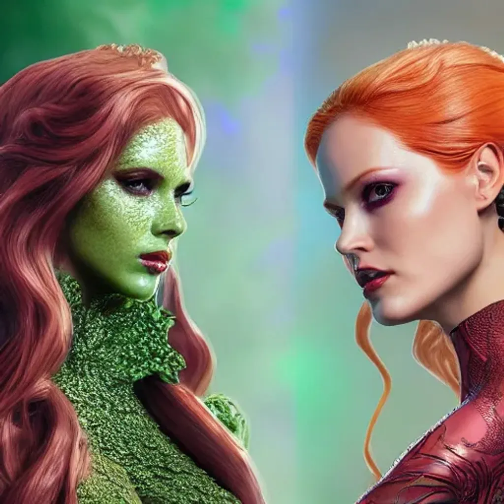 Prompt: portrait of poison ivy and emma frost and mystique, highly detailed, intricate, ornate, translucent shiny pink latex armor and cape, marvel, dramatic, 3D render, digital art, octane render, 8K artistic photography, photo-realistic, art station, by Dora Maar and yoshitaka amano and artgerm 