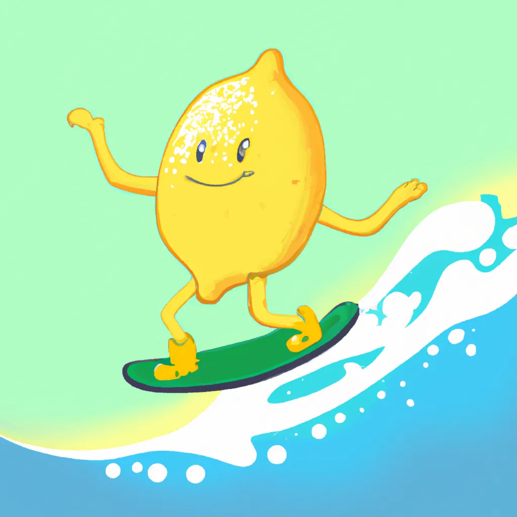Prompt: A cute lemon surfing on a wave, high quality, trending