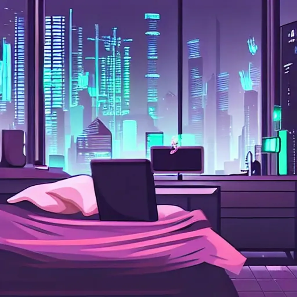 Prompt: cyberpunk room, messy bed, computer in corner, city outside