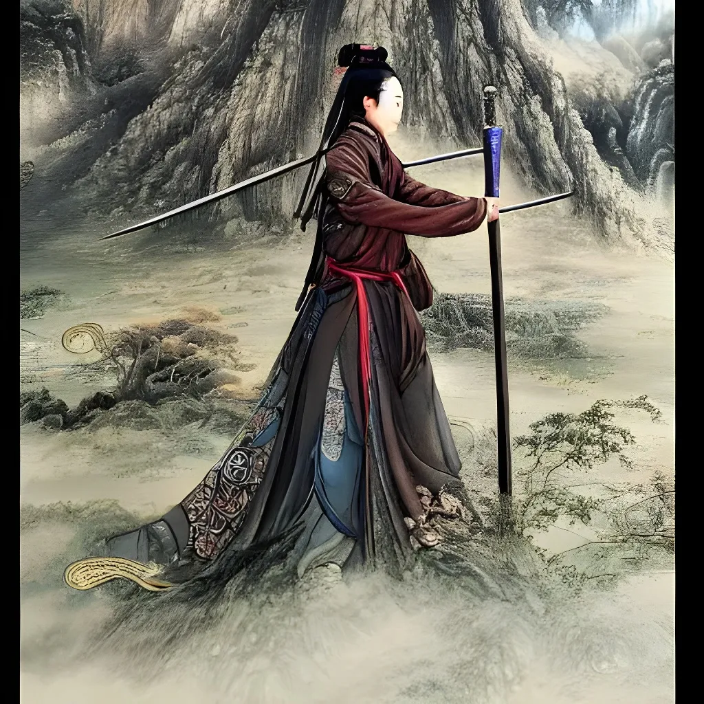 Prompt: An epic fantasy wuxia illustration portrait of a beautiful Chinese female cultivator wearing military hanfu doing a sword dance in the rural mountainside, long hair, full body XIANXIA, manga, Chinese temple, intricate linework, depth of field by Yoji Shinkawa 4k -n 4 -i, pi, artstation, pixiv, artgerm, unreal engine, masterpiece, bright colours, high quality