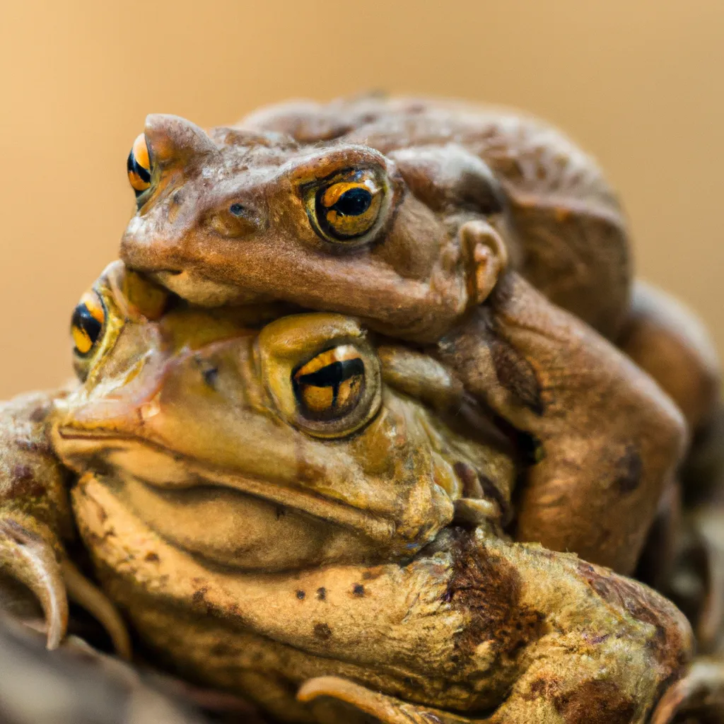 Prompt: A highly detailed, highly realistic photograph of a round frog on top of another frog, warm colors, portrait