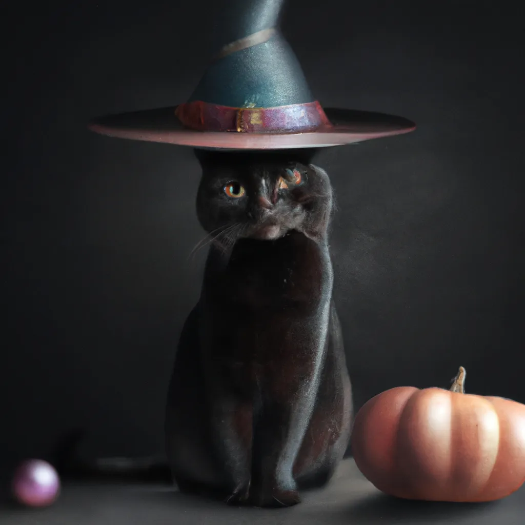 Prompt: Halloween theme. Cute black cat wearing a Halloween witch hat precious moments figurine , digital art, pumpkin heads, perfect composition, beautiful detailed intricate insanely detailed octane render trending on artstation, 8 k artistic photography, photorealistic concept art, soft natural volumetric cinematic perfect light, chiaroscuro, award winning photograph, masterpiece, jack-o-lantern oil on canvas, raphael, caravaggio, beeple, beksinski, H.R.Giger, Vanasthali 