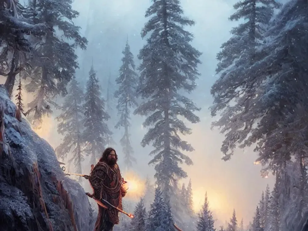 Prompt: A heavyset young Matt Berry, intricate radiant wispy beard, a detailed iridescent pine armor, sparkly rainbow snowy mountains at night, stunning environment, mist, dramatic lighting, highly detailed, intricate, dreamy magical atmosphere, ultra wide angle lens, Greg Rutkowski