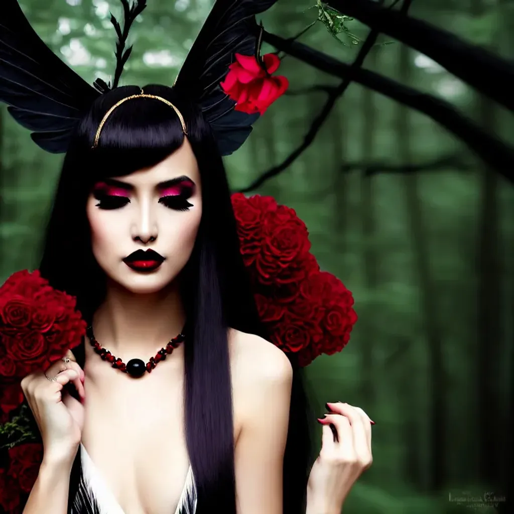 Prompt: highest quality portrait of a woman standing in a dark forest,  digital painting, highly-detailed symmetric face, cinematic cold color palette, spotlight, long black silk robe, golden necklace, black lipstick, red eyeballs, black long hair, two demon horns with red veins, red flower head band, black feather wings