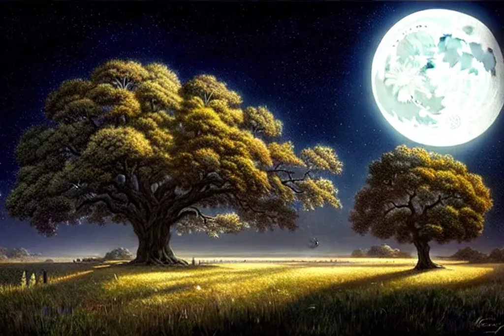 Prompt: image of an oak tree, majestic, giant, night-time, full moon, digital art, art by Stephan Martiniere, Trending on ArtStation