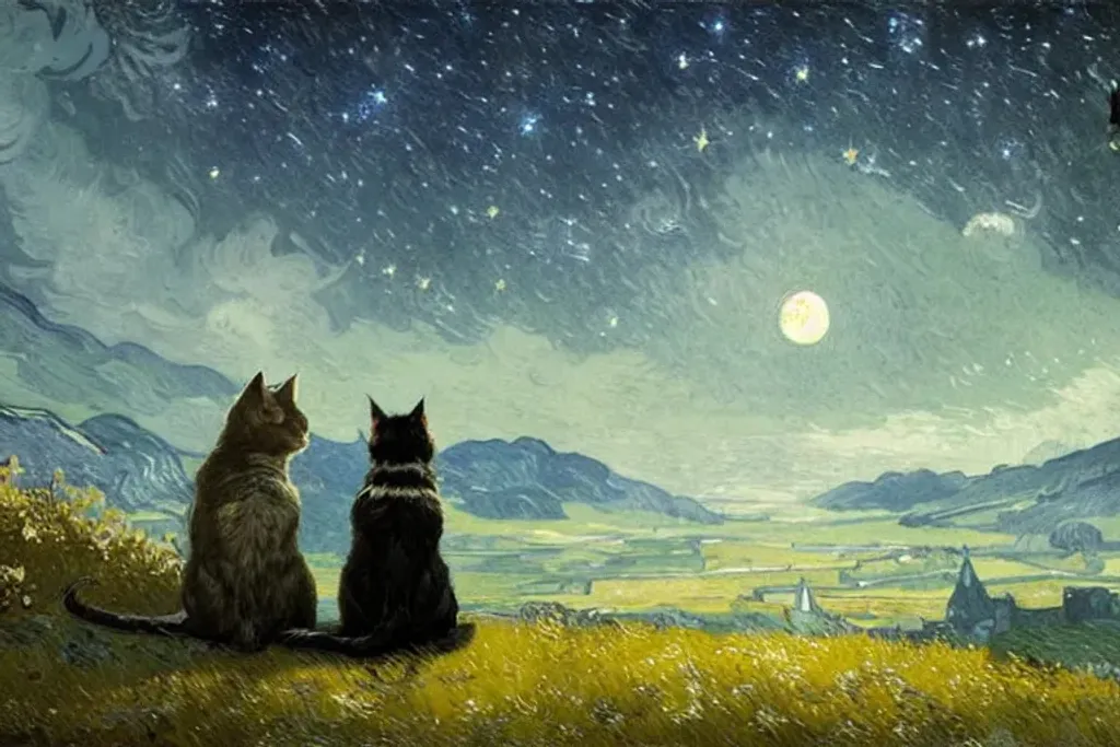 Prompt: Two cats sitting:: starring at the moon, Fantasy Concept Art, Detailed Realistic Surrealism, Detailed Digital Illustration by Greg Rutkowski and Magali Villeneuve, Starry night Style by Van Gogh 